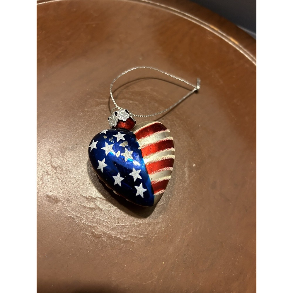 Glass patriotic USA flag stars stripes heart  Christmas Ornament
